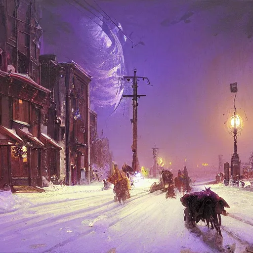 Prompt: painting of syd mead artlilery scifi organic shaped electric pole with ornate metal work lands on a snowy road, fossil ornaments, volumetric lights, purple sun, andreas achenbach