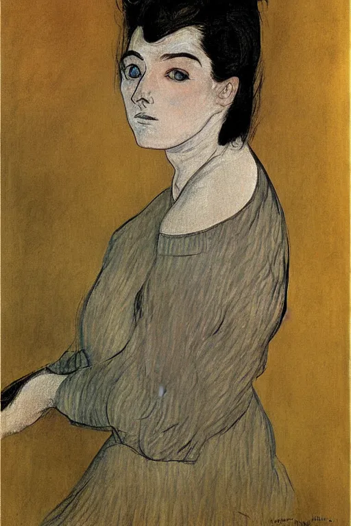 Image similar to young woman's face, long black hair, pale skin, digital render, by Toulouse-Lautrec,