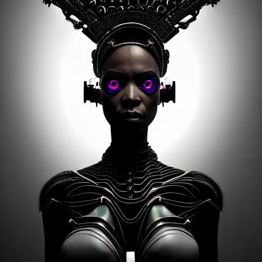 Image similar to portrait of an absurdly beautiful, graceful, sophisticated, fashionable black cyberpunk mechanoid gravure idol, hyperdetailed illustration by irakli nadar, maria borges, matt wisniewski style, intricate linework, dark black skin, neon jellyfish headdress, ivory carved ruff, unreal engine 5 highly rendered, global illumination, radiant light, detailed and intricate environment