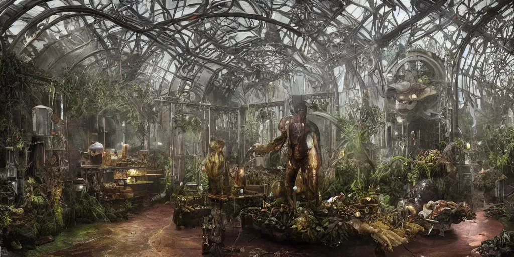 Image similar to octane render, ultra photorealistic, hyper detailed, unreal engine, a breathtaking sci - fi gothic victorian greenhouse terrarium with amber liquid containers perserving human bodies. artwork by guillermo del toro, james cameron, greg rutkowski, alphonse mucha, james gurney inspired by blade runner 2 0 4 9