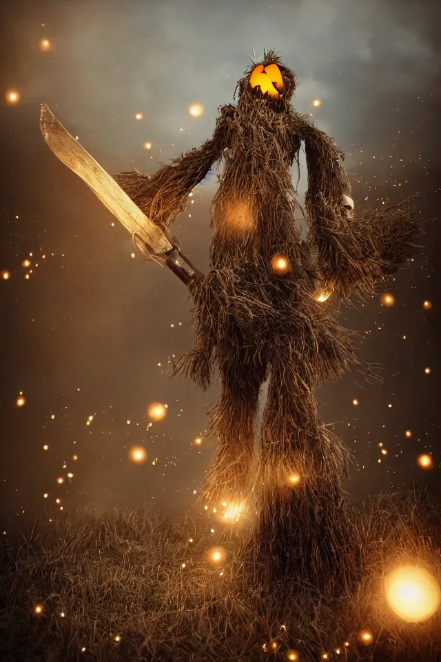 Image similar to beautiful octane render portrait of a big wooden scarecrow, floating particles, sparks, made of wood holding a very shiny metallic aluminium rustic axe, bokeh, soft focus, f 1. 8, unreal engine, particles, raytracing