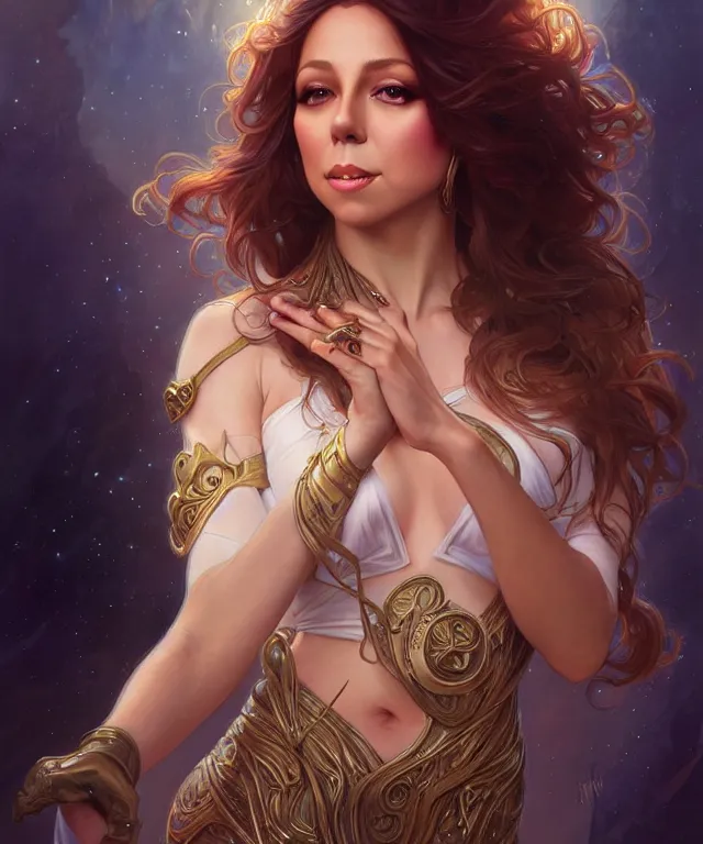 Image similar to Mariah Carry as a fantasy magic woman portrait, sci-fi, amber eyes, face, long hair, fantasy, intricate, elegant, highly detailed, digital painting, artstation, concept art, smooth, sharp focus, illustration, art by artgerm and greg rutkowski and alphonse mucha