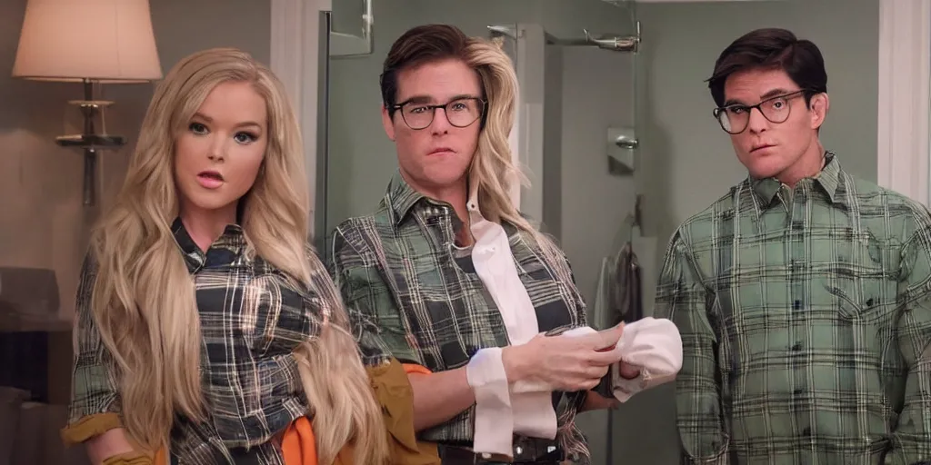 Image similar to ultra wide angle photo of megan kelly dressed in a green flannel shirt and black dress pants as clark kent looking at himself in a bathroom mirror and seeing his reflection dressed as an orange skinned oompa loompa