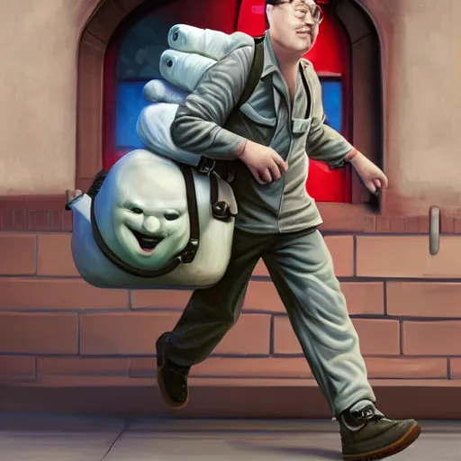 Prompt: the ghostbusters stay puff marshmallow man wearing timberland shoes and hat while smoking a joint and walking in new york city, highly detailed portrait, digital painting, artstation, artstation hq