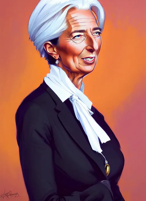 Image similar to a ultradetailed beautiful panting of christine lagarde wearing a stylish shirt with a tie, she has black hair, dancing, background explosion, by jesper ejsing, ilya kuvshinov, greg rutkowski on artstation