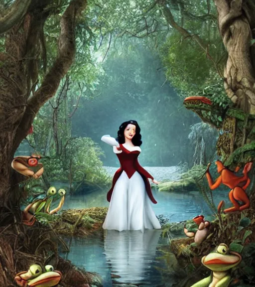 Image similar to film still of Monica Bellucci as snow white in a forest by a pond with frogs, by artgerm, makoto sinkai, magali villeneuve, Gil Elvgren, Earl Moran,Enoch Bolles, symmetrical,