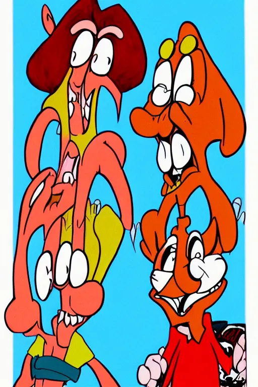 Image similar to cartoon drawing of ren and stimpy as older characters