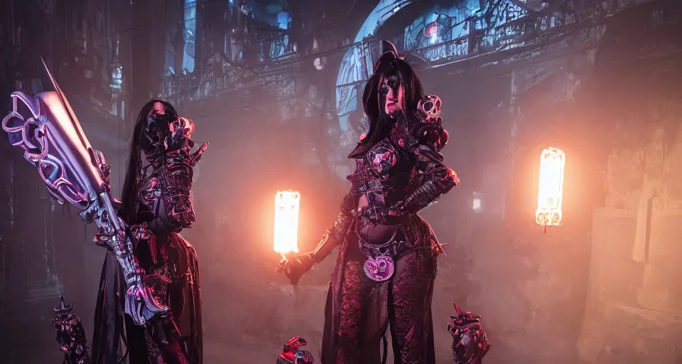Prompt: Cosplay on hot scarlet female necromancer in cyberpunk-plate-armor, Ultra-HD, HCL, Volumetric Lighting, Screen Space Global Illumination, Opaque, Optics, Lumen Reflections, VFX, insanely detailed and intricate, hypermaximalist, elegant, ornate, hyper realistic, super detailed, full body,
