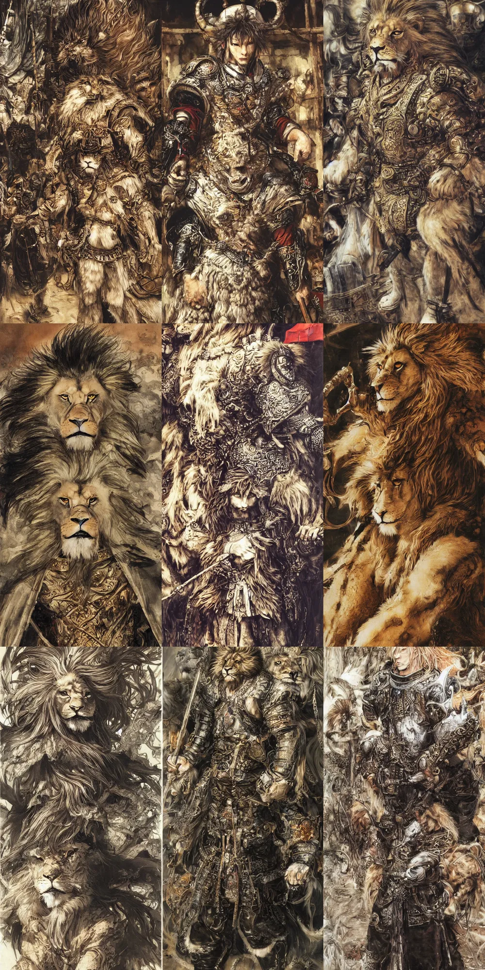 Image similar to 8 k yoshitaka amano painting of upper body of a young cool looking lion beastman with white mane at a medieval market at windy day. depth of field. he is wearing complex fantasy clothing. he has huge paws. renaissance style lighting.