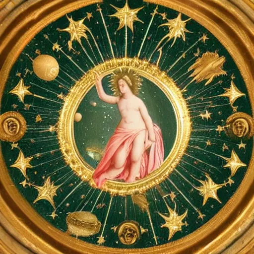 Prompt: Saint Woman, Putti, Venus, Athena, Sistina, baroque, marble and gold, stars, space, sun, deep green, bronze