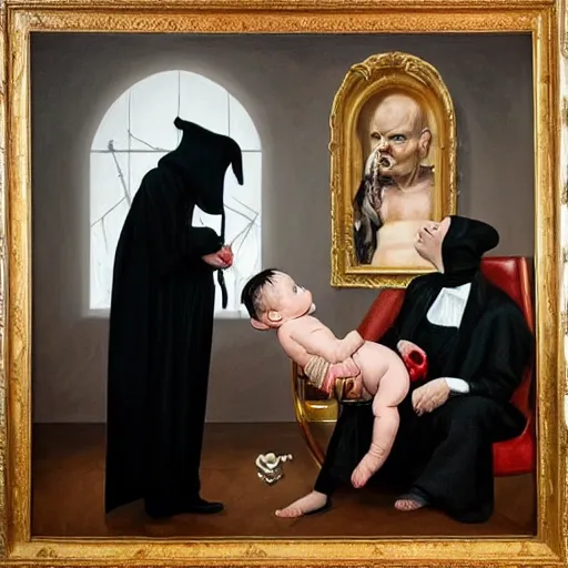 Prompt: hyper realistic painting of a handsome man symmetrical, sitting in a gilded throne, tubes coming out of the man's arm, getting a blood transfusion from a baby. plague doctor in the background created by wes andersson