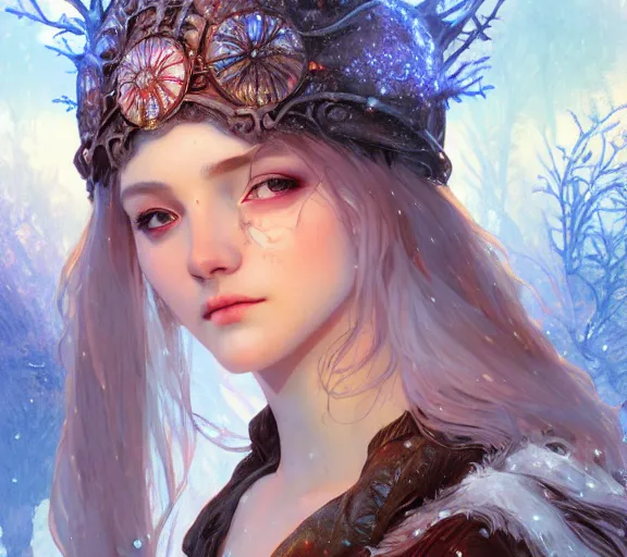 Image similar to beautiful ancient frost witch, fire in eye, snow glow, pool party, highly detailed, digital painting, artstation, sharp focus, illustration, art by tan zi and ayanamikodon and alphonse mucha and wlop