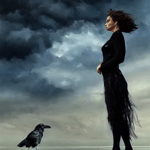 Prompt: morning, raven perching on the shoulder of a woman in a black dress. sun, cinematic, clouds, vogue cover style, contracting colors mood, realistic painting, intricate oil painting, high detail, figurative art, multiple exposure, poster art, 3 d, by simon bisley, ismail inceoglu, wadim kashin, filip hodas.