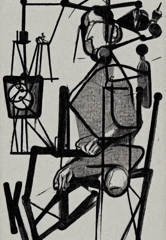 Image similar to a concept drawing of marcel duchamp holding up a chess - piece wire - machine, a surrealist painting by marcel duchamp, complex artificial - intelligence machinery, minimal sketch flow - chart, academic art, 1 9 2 0 s