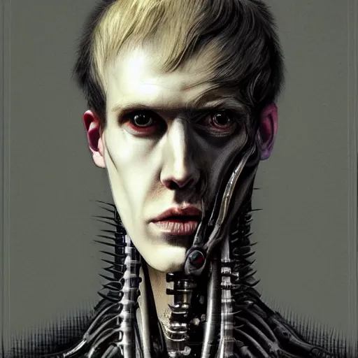 Image similar to surreal portrait of a man by Greg Rutkowski and H.R Giger, symmetrical face, he is about 30 years old, west slav features, short blonde hair with bangs, attractive, smart looking, slim, somewhat androgenic, transformed into a kind of biomechanical transhuman god, disturbing, terrifying but fascinating, with a determined and sinister expression on his face, cosmic void background, frightening, fascinating, highly detailed portrait, digital painting, book cover, artstation, concept art, smooth, sharp foccus ilustration, Artstation HQ