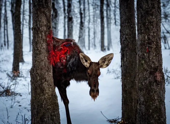 Image similar to an award winning photo of an! undead!!! zombie!! moose with red eyes, full body portrait, decay, mold, evening!! in the forest, 4 k, wildlife photography, high quality, national geographic