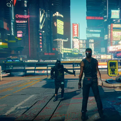 Image similar to 2 1 savage t pose in cyberpunk 2 0 7 7, gameplay screenshot, detailed