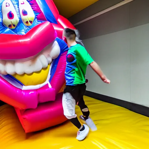 Prompt: photo, chased by a scary clown in infinite corridors made of bouncy castle