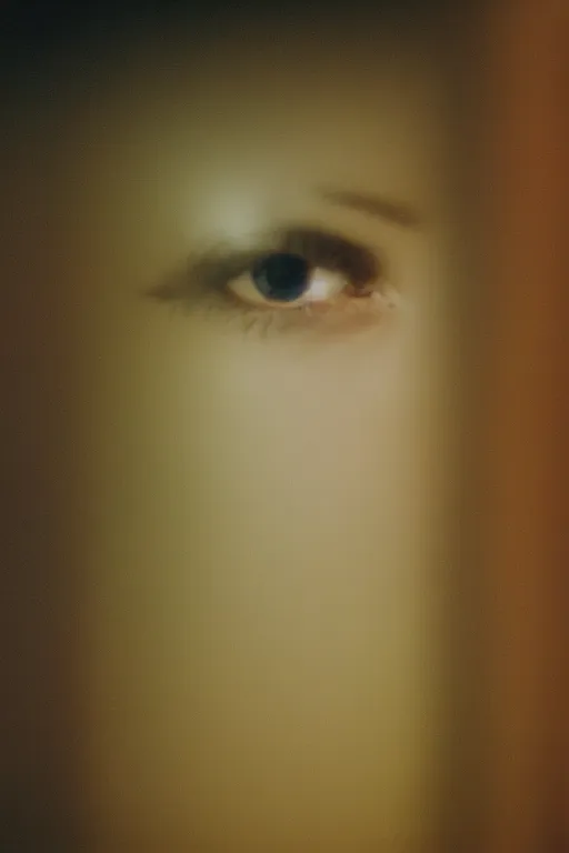 Prompt: kodak portra 4 0 0 photograph of a person looking out through their window, eye, beautiful eye, close up, telephoto, faded effect, grain,