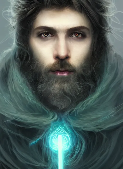 Image similar to Portrait of hexblade warlock aasimar with white glowing eyes, silver shaggy hair, short scruffy beard, cloak, teal ethereal tendrils, male, fantasy, extremely detailed, digital painting, artstation, concept art, smooth, sharp focus, illustration, stunning lighting, art by artgerm and greg rutkowski and alphonse mucha and simon stalenhag, realistic character concept, high fantasy, light atmosphere, golden ratio, cinematic lighting, hyperdetailed, high resolution, insanely detailed and intricate, artstation, Marc Simonetti, Greg Rutkowski