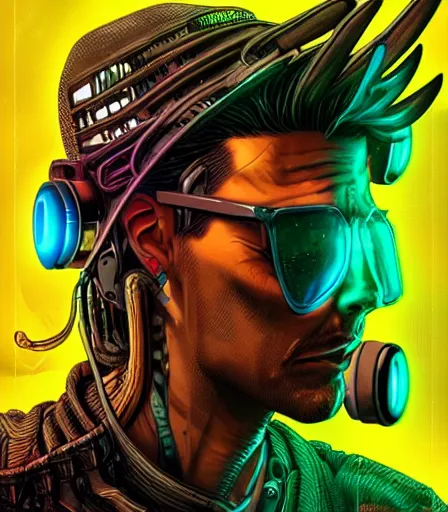 Prompt: hyper detailed comic illustration of a cyberpunk gangster, cybernetics on his face, by Android Jones intricate details, vibrant, solid background, low angle fish eye lens