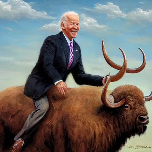 Image similar to Joe Biden riding a buffalo, painting by Jon McNaughton