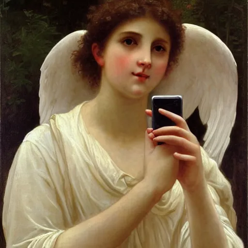 Image similar to a glorious oil painting of an angel talking through an iPhone, by Bouguereau, highly realistic and intricate