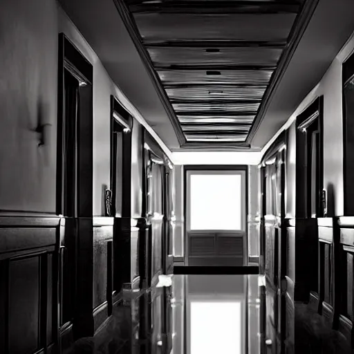 Image similar to dark black flames engulf a hotel hallway, dramatic lighting, long shot, highly realistic.