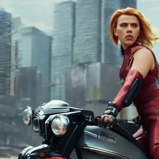 Image similar to scarlett johansson riding a futuristic motorbike in cyberpunk city, realistic, cinematic, hdr