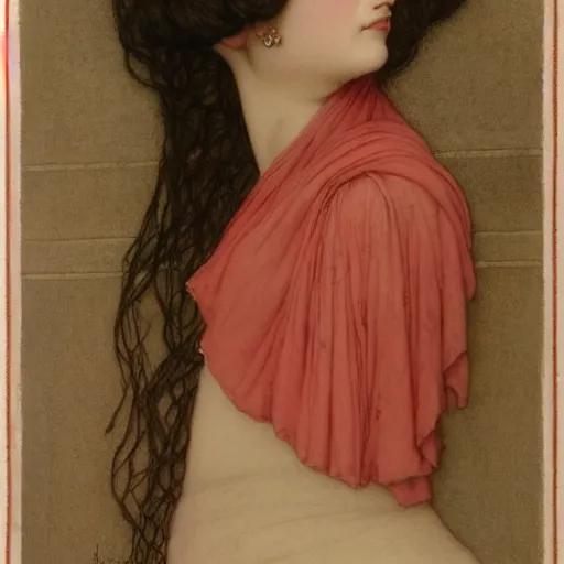 Prompt: portrait of a young courtesan depicted by herbert james draper, arnold bocklin, john willaim godward, sir lawrence alma - tadema. limited color palette, very intricate, highly detailed, minimalist. red and white chalk study etching surface of forms detailed form..