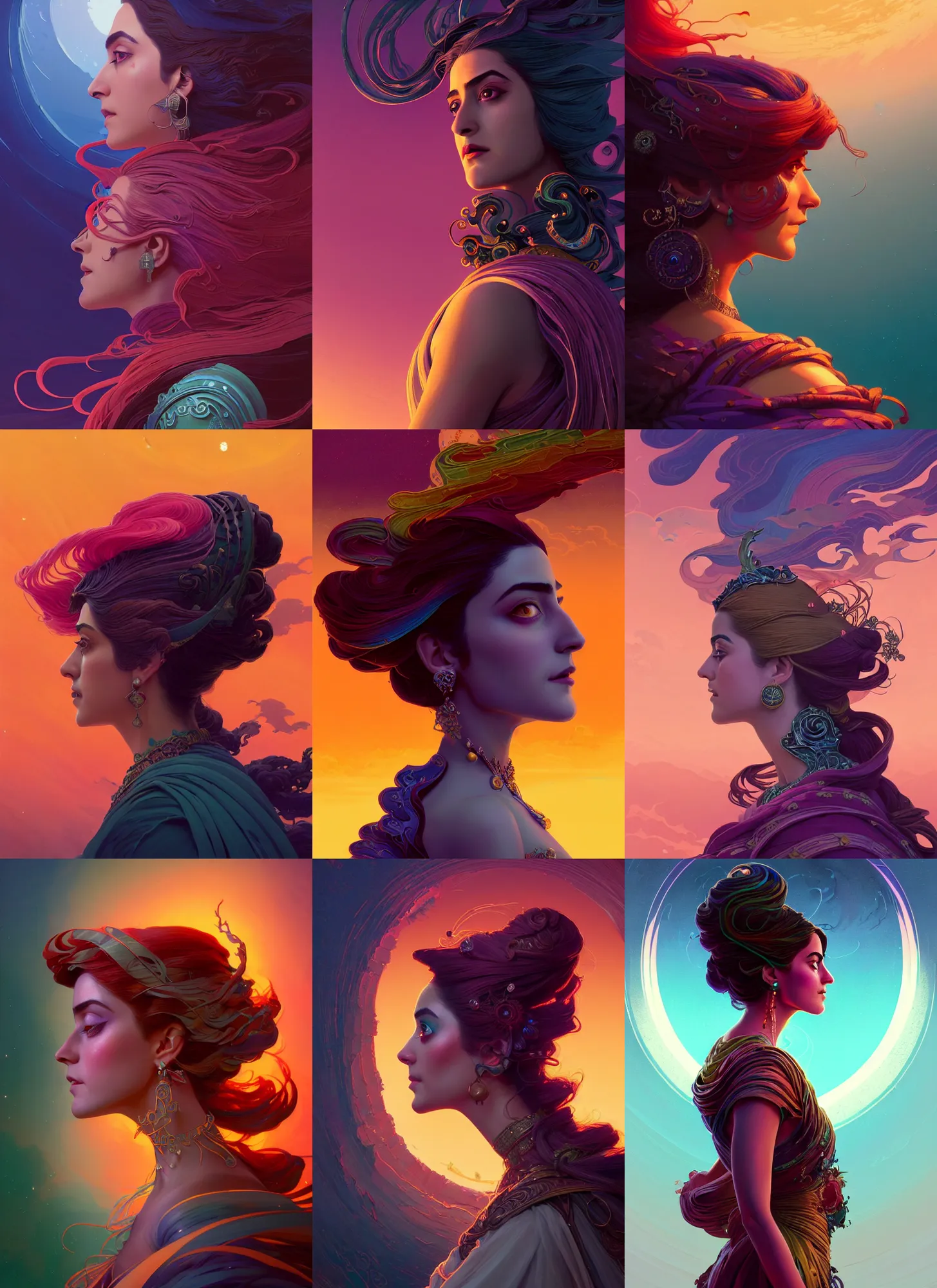 Prompt: side profile centered painted portrait, Maya Ali as a wind sorceress, Gloomhaven, matte painting concept art, art nouveau, beautifully backlit, swirly vibrant color lines, fantastically gaudy, aesthetic octane render, 8K HD Resolution, by Victo Ngai and Kilian Eng and ilya kuvshinov and Cushart Krentz and Gilleard James