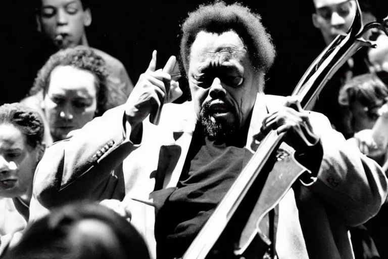 Prompt: Charles Mingus opens up the moshpit at the konserthuset in Stockholm, Sweden