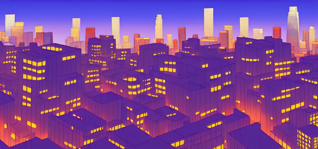 Prompt: los angeles cityscape, visual development by lou romano and dice tsutsumi, evening, pixar, dynamic lighting