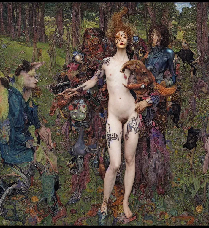 Image similar to pixelated corrupted professional pre-raphaelite defined colours 4k uncropped photo of a punk person in the cyberpunk forest with a goat and a robot by Ivan Bilibin, Austin Osman Spare, Norman Rockwell, high quality, ultra detailed. Beksinski painting, part by Adrian Ghenie and Gerhard Richter. art by Takato Yamamoto. masterpiece, oil on canvas painting, pixelart, vivid acid neon colours.