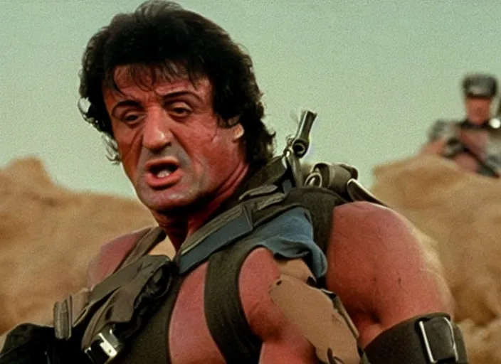 Image similar to sylvester stallone in a still from the movie Commando (1985)