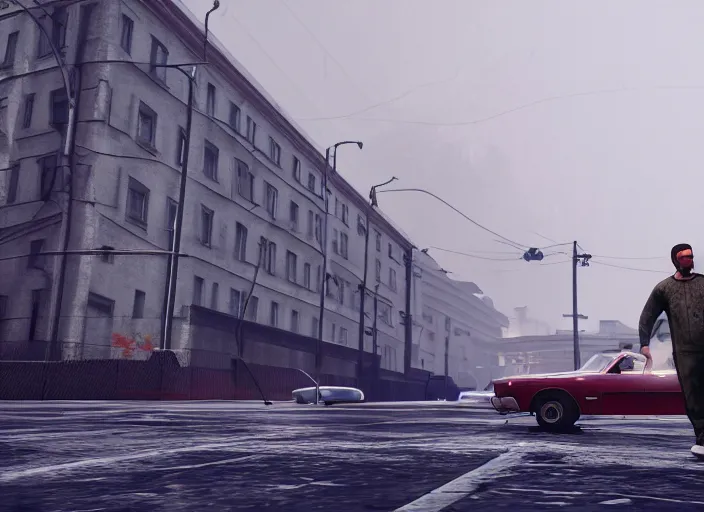 Image similar to cinematic screenshot gta 5, rain, lenin in adidas tracksuit, churches, buildings, road, moskvich, rtx reflections, gta vi, moscow, soviet apartment buildings, award winning, artstation, intricate details, realistic, hyperdetailed, 8 k resolution