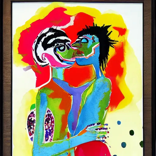 Prompt: watercolor painting of two bizarre psychedelic women kissing in japan in winter, speculative evolution, mixed media collage by basquiat and jackson pollock, maximalist magazine collage art, sapphic art, psychedelic illustration
