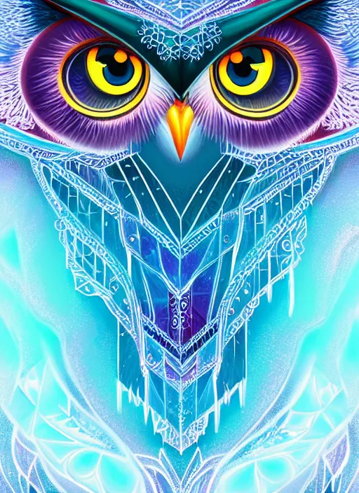 Image similar to symmetry!! product render poster vivid colors divine proportion owl, ice and snow, glowing fog intricate, elegant, highly detailed, digital painting, artstation, concept art, smooth, sharp focus, illustration,