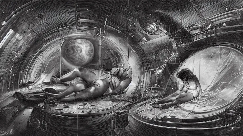 Prompt: a wide angle view of woman in a hyper sleep chamber, a stunning view of jupiter outside the spaceship window, highly detailed, artistic composition, sharp focus, intricate concept art by ron cobb and hr giger, digital painting, dramatic lighting