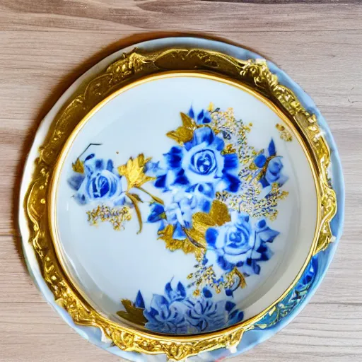 Prompt: photograph of a beautiful china saucer, rimmed with gold, decorated with white and blue flowers, high quality, hd, cinematic lighting, ring lighting, hung on a wall