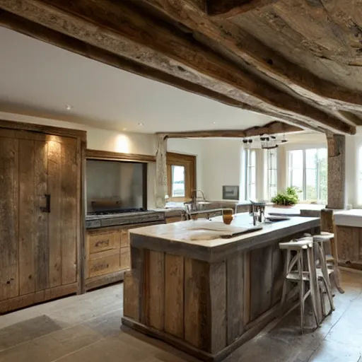 Prompt: modern rustic luxury bespoke kitchen design by Harvey Jones