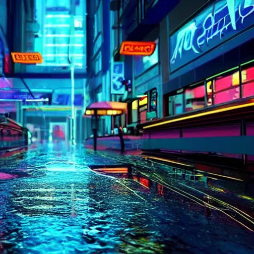 Image similar to still photo of rain puddles and neon light reflections in a cyberpunk city, highly detailed, photorealistic shot, bright studio setting, studio lighting, crisp quality and light reflections, unreal engine 5 quality render