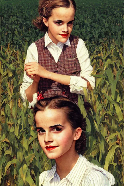 Prompt: photo photorealistic portrait photograph Emma Watson picnic in a corn field 1950s portrait by Norman Rockwell