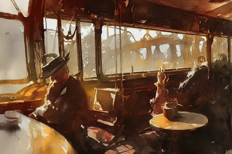 Image similar to small centered on watercolor paper, paint brush strokes, abstract watercolor painting of steam train interior, cinematic light, national romanticism by anders zorn, by hans dahl, by jesper ejsing, by greg rutkowski, by greg manchess, by tyler edlin, by craig mullins