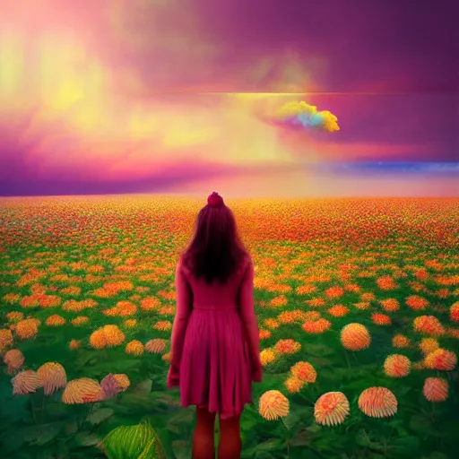 Image similar to giant dahlia flower head, full body girl standing in a flower field, surreal photography, sunrise, dramatic light, impressionist painting, colorful clouds, digital painting, artstation, simon stalenhag