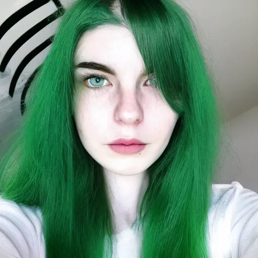 Prompt: a pale girl with green hair, soft facial features, looking directly at the camera, neutral expression, instagram picture