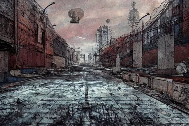 Prompt: derelict soviet dystopian street cinematic infinity detailed art,