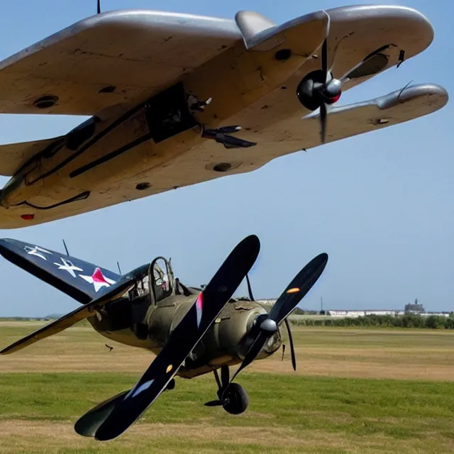 Prompt: world war 2 plane flies over battlefield