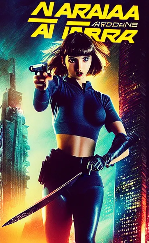 Image similar to ana de armas bladerunner hologram, crouching, katana, knife, dawn mcteigue, mirka andolfo, comic book, paperback cover, brian pulido, zenescope