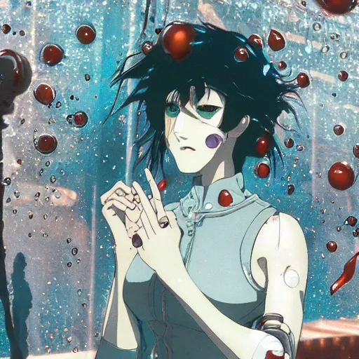 Image similar to anime of a punk cyborg woman, water particles floating in the air, finely detailed facial features, weathered drawing, film grain, bright neon lighting, dark pastel colors, drawn by satoshi kon, katsuhiro otomo